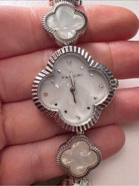 Tahari Silver Mother-of-Pearl Clover Bracelet Watch
